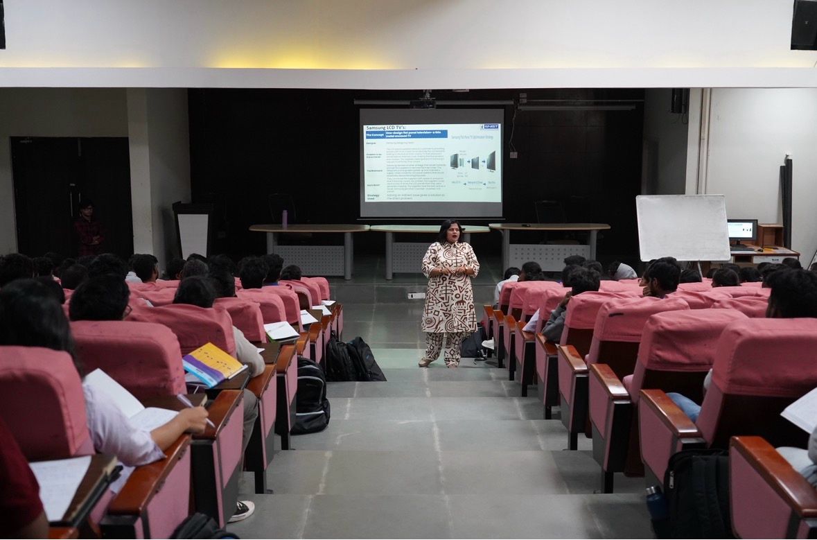 Case-study workshop with students in a lecture hall at Sreenidhi
