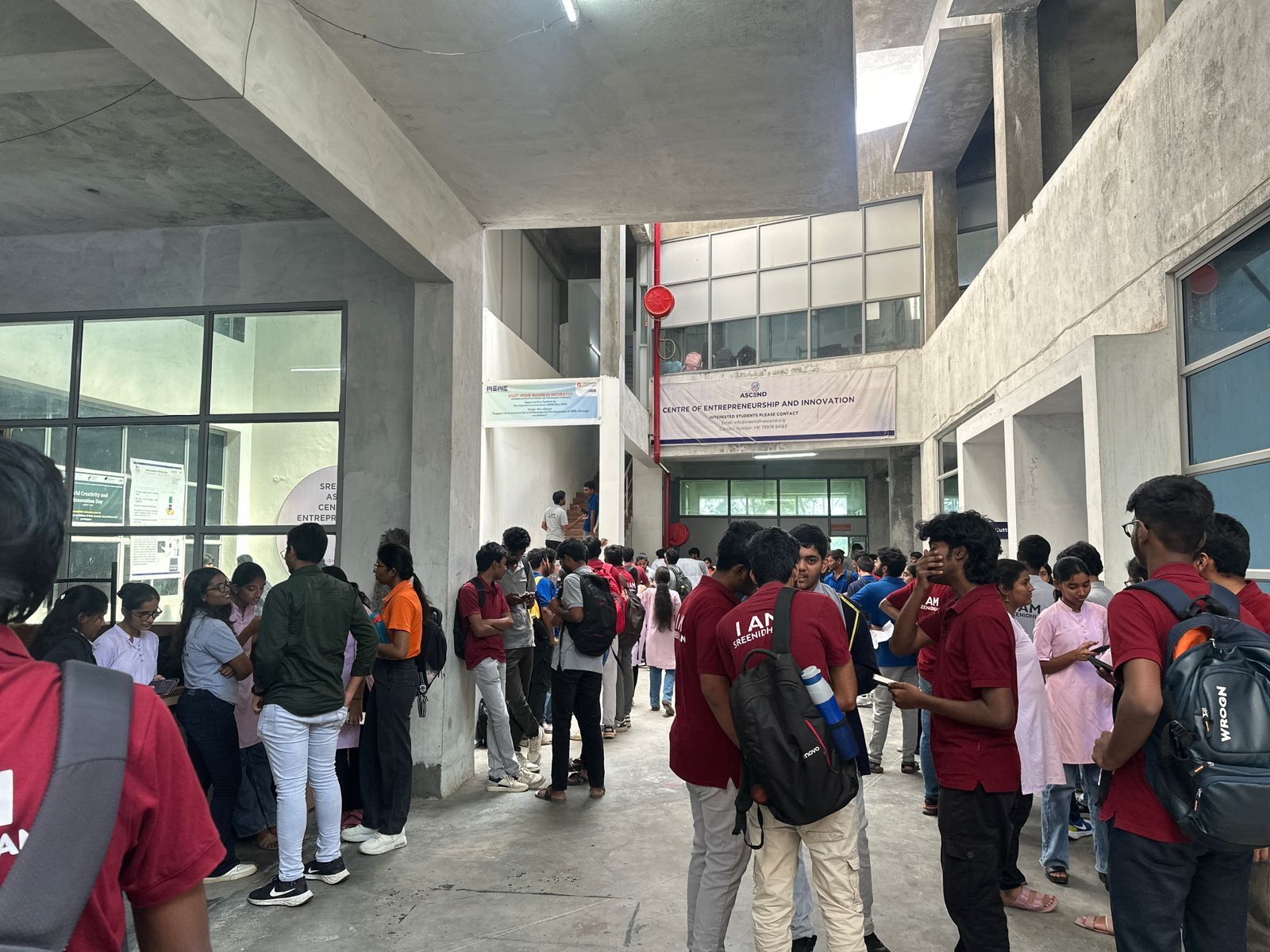 Students gathered outside the Sreenidhi Ascend Centre of Entrepreneurship and Innovation on campus